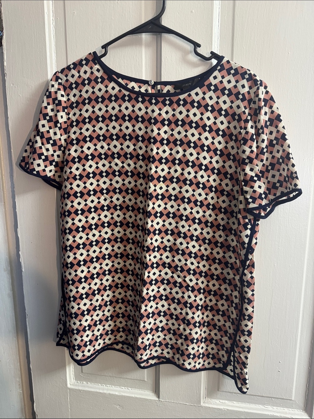J. Crew Silk Geometric Short Sleeve Blouse in Navy, Pink & White